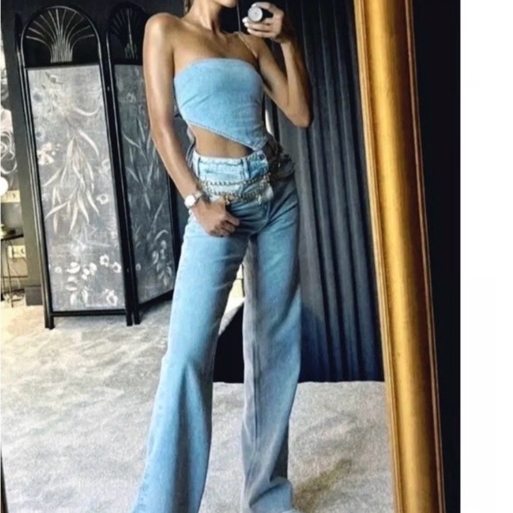 NWT/ZARA LIGHT WASH BANDANA STYLE STRAPLESS DENIM CROP TOP SZ: MED